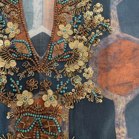 Soft Surroundings Tunic Medium Blouse Millefiori Blue Geometric Print Sequin Top - Picture 10 of 16